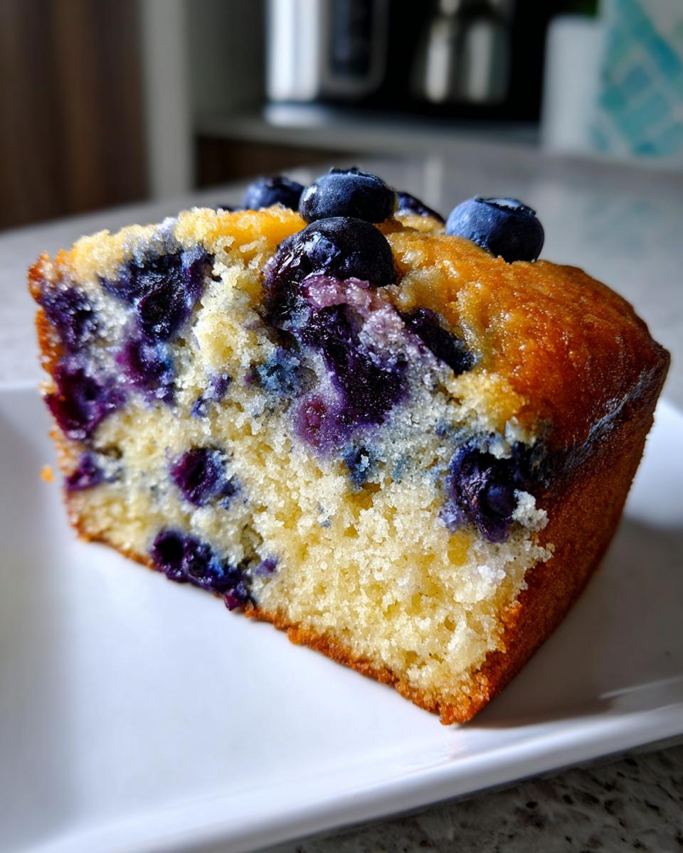 Close-up of a moist slice of blueberry breakfast cake showing a tender crumb and fresh blueberries.