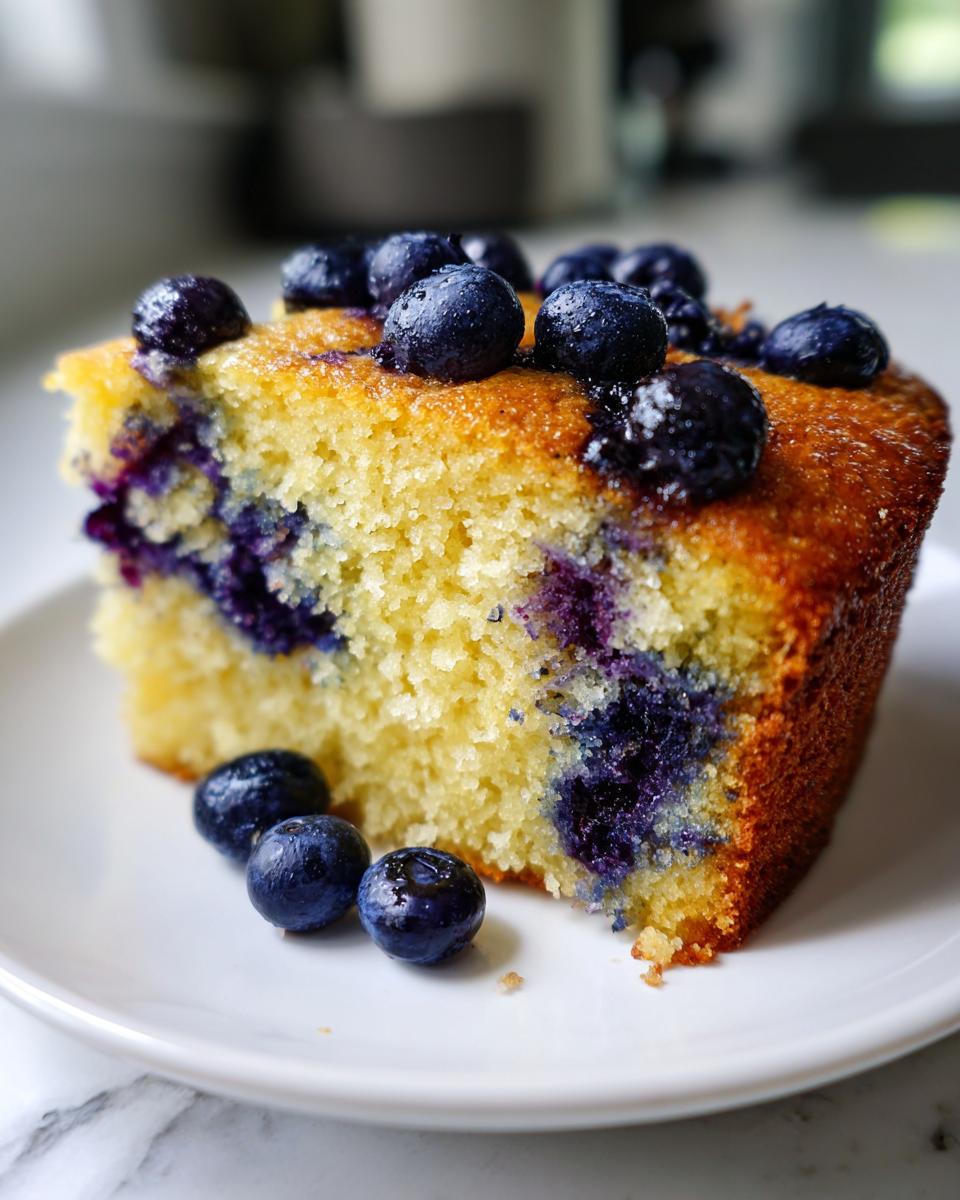 Close-up of a moist slice of yellow breakfast cake studded with baked blueberries, topped with fresh blueberries.