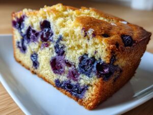Close-up of a moist slice of blueberry breakfast cake with a golden crust.