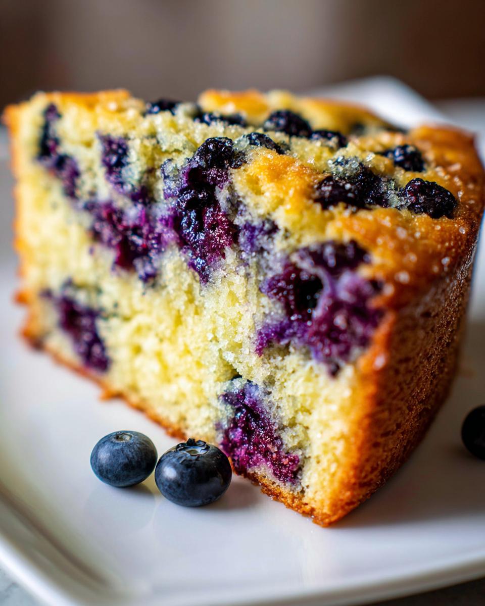 Close-up of a moist slice of blueberry breakfast cake, studded with purple berries and topped with coarse sugar.