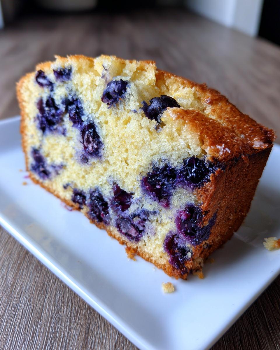 Close-up of a moist slice of blueberry breakfast cake with a golden crust, served on a white rectangular plate.