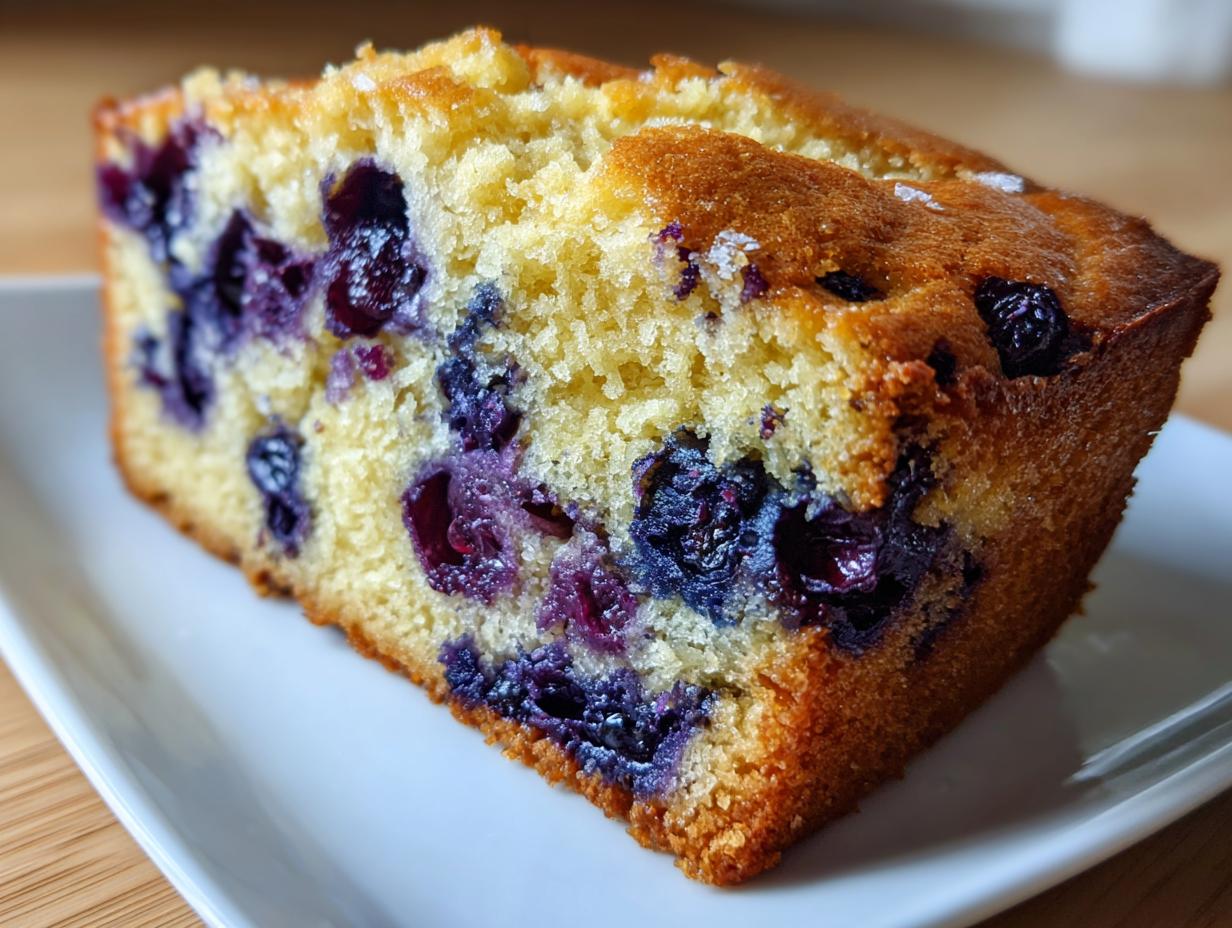 Close-up of a moist slice of blueberry breakfast cake with a golden crust.