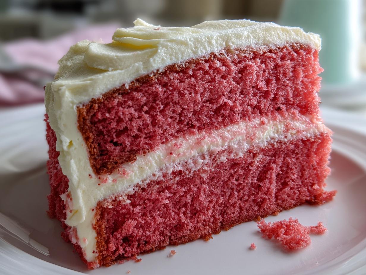 Close-up of a moist slice of pink Cherry cake layered with white frosting, sitting on a white plate.
