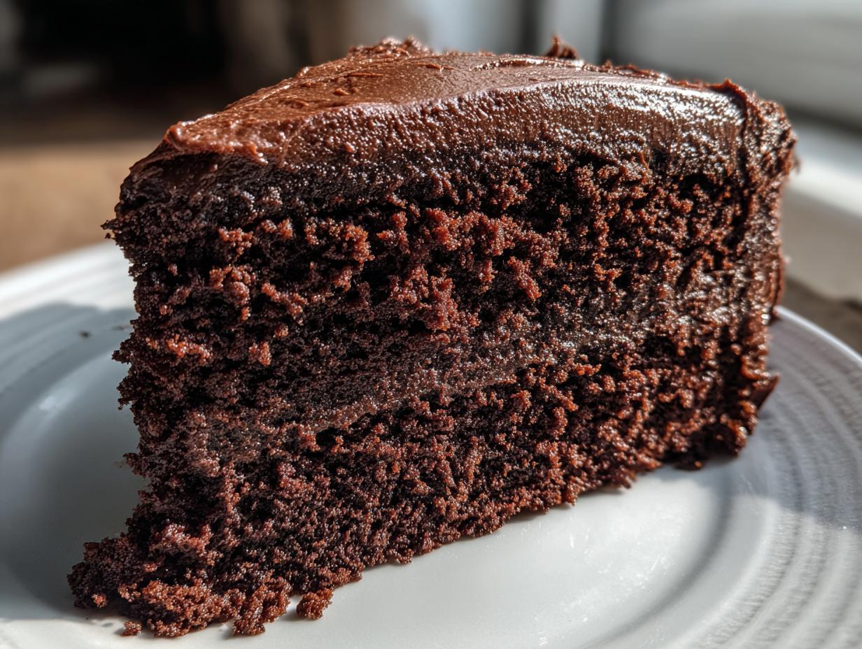 Close-up of a single slice of very moist chocolate cake topped with thick, glossy dark chocolate frosting.