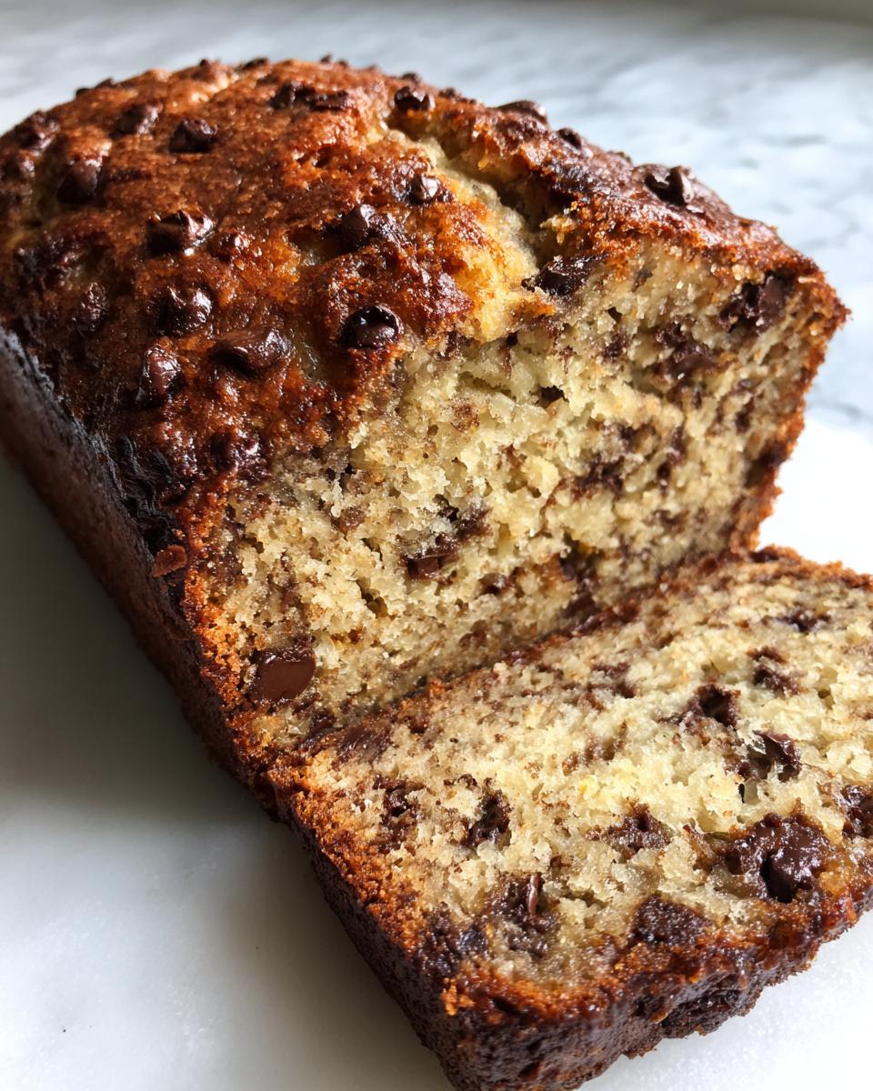 Close-up of a moist chocolate chip banana bread loaf with one slice cut, showing rich texture.