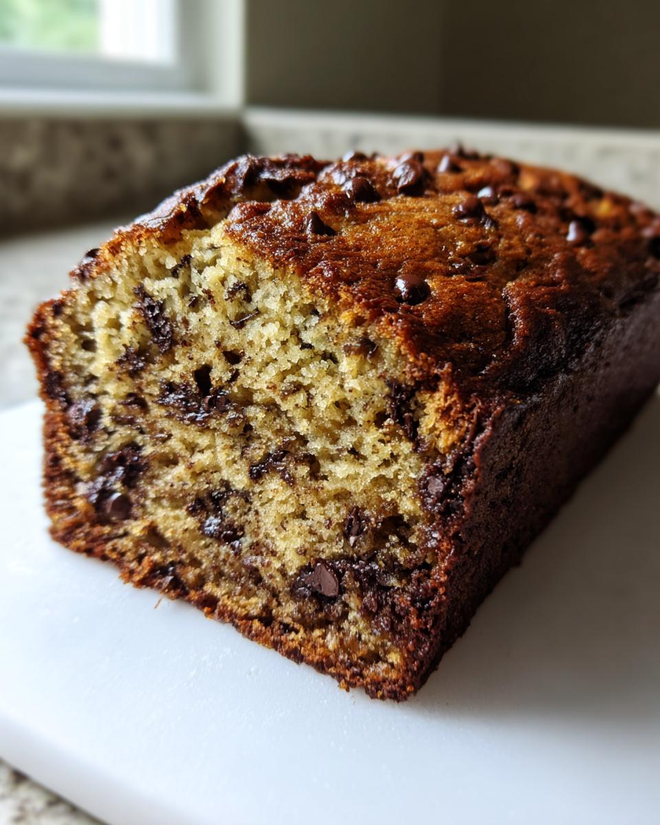 Close-up of a moist chocolate chip banana bread loaf showing the rich, dark crust and tender crumb.