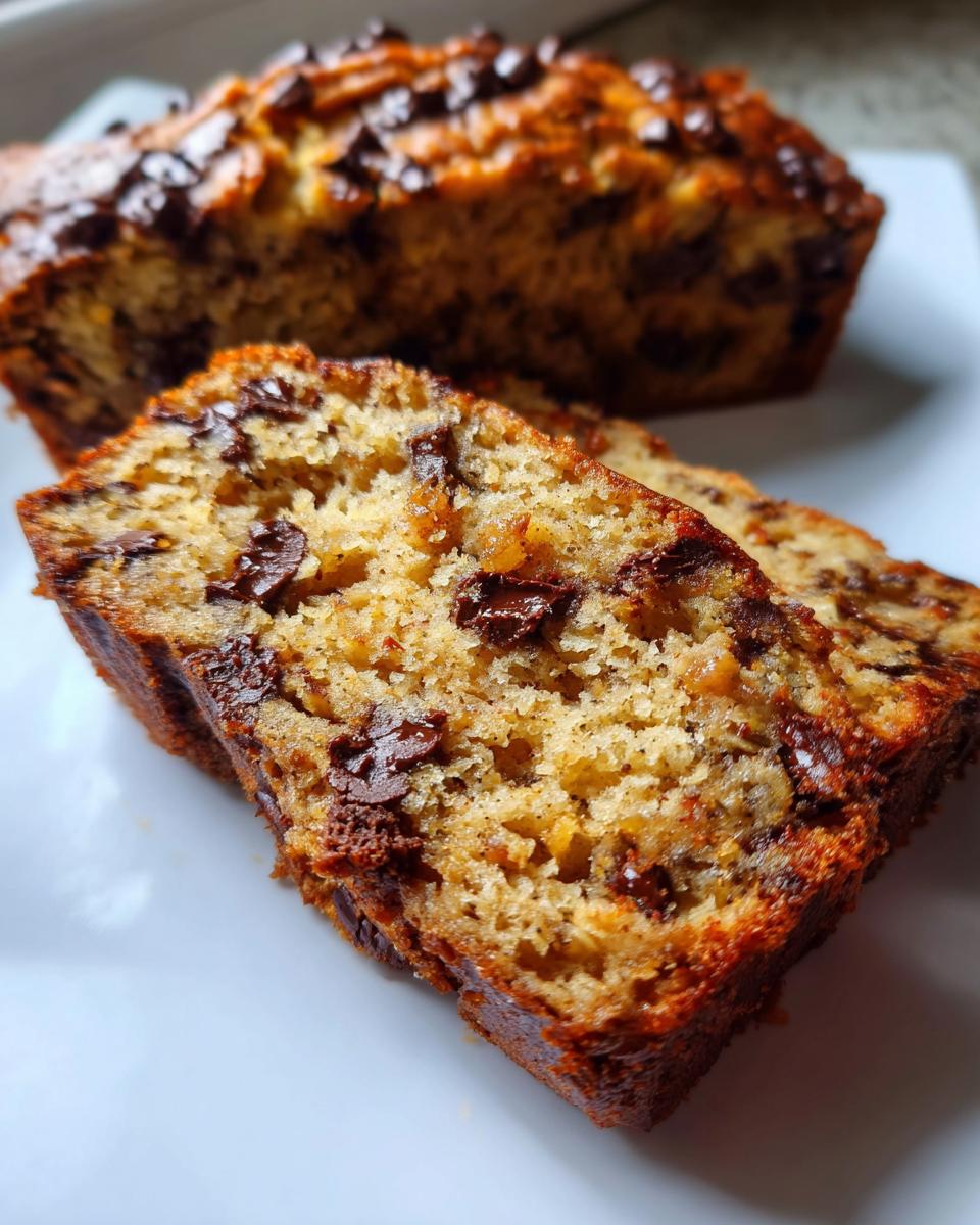 Close-up of two moist slices of chocolate chip banana bread on a white plate.