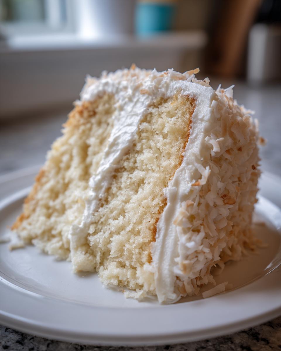 A close-up of a moist slice of coconut cake layered with white frosting and covered in shredded coconut.