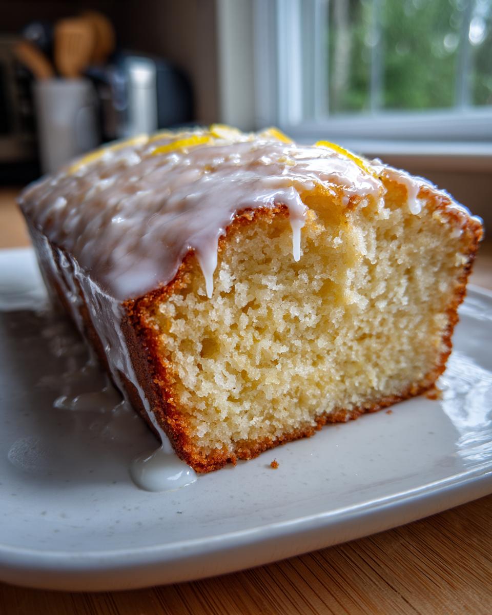 A close-up of a slice of moist lemon zucchini bread topped with a thick, dripping lemon glaze.