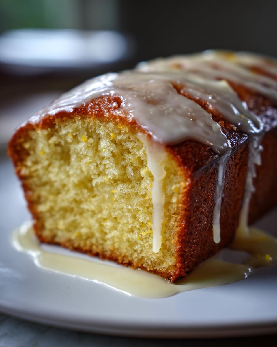 Close-up of a slice of moist lemon zucchini bread topped with a thick, dripping lemon glaze.