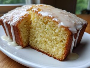Close-up of moist lemon zucchini bread with a thick, dripping lemon glaze on a white plate.