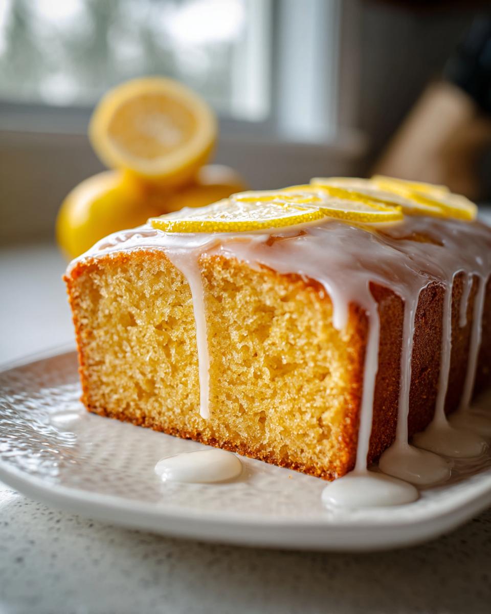 A slice of moist lemon zucchini bread topped with white glaze and lemon slices, with whole lemons blurred in the background.