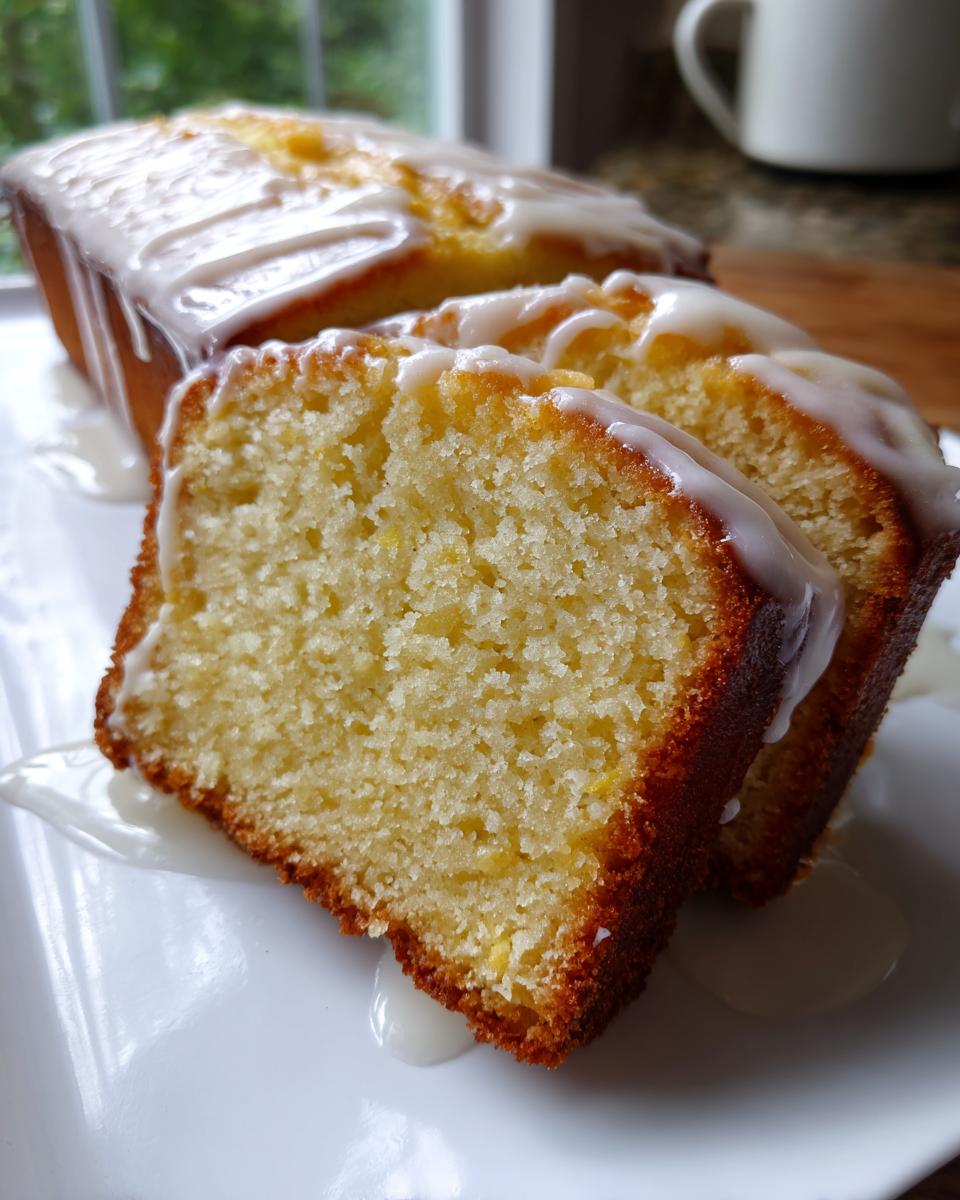 Close-up of moist lemon zucchini bread slices topped with a sweet white glaze, served on a white plate.