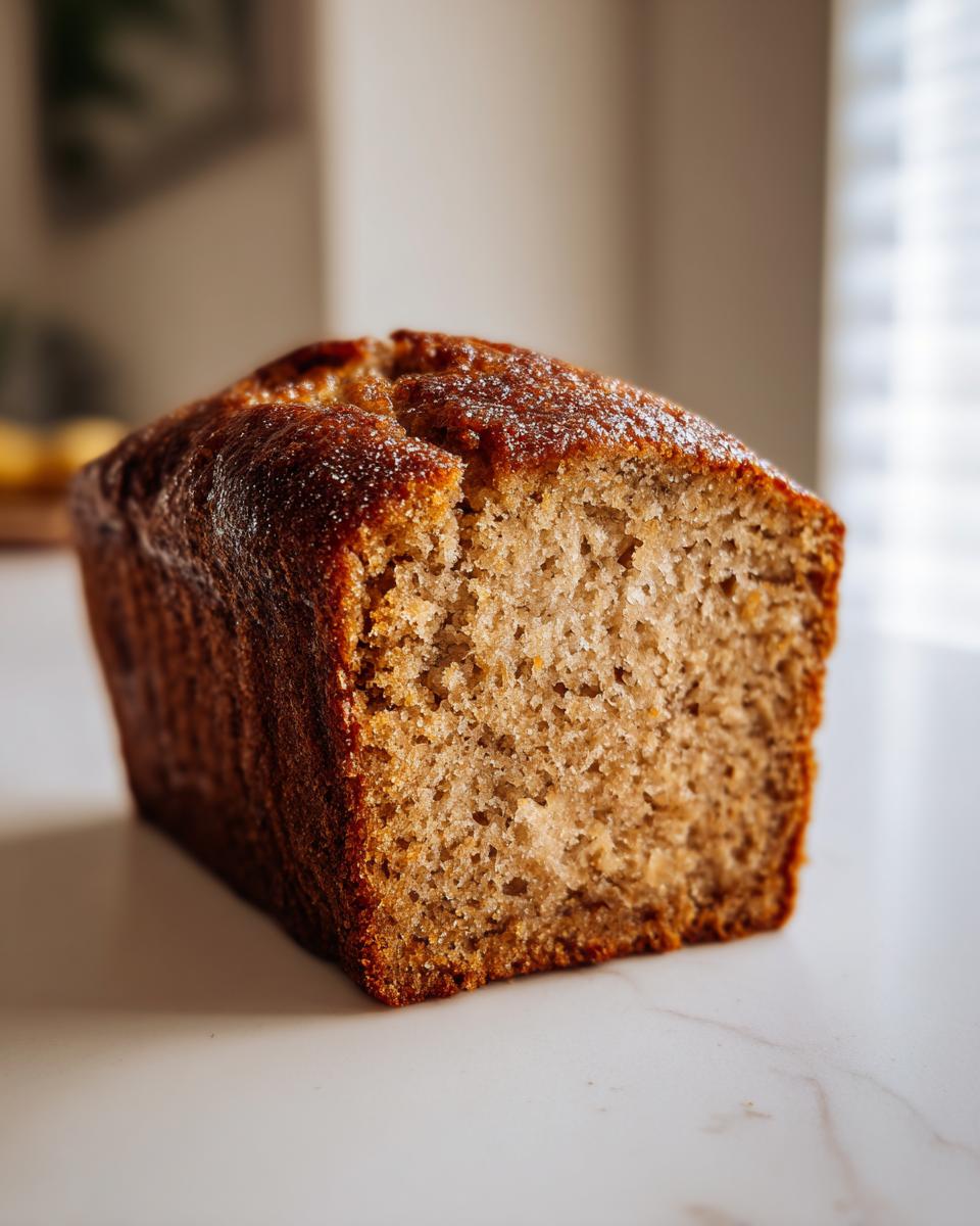 Close-up of a freshly baked, moist loaf of the best banana bread with a dark, caramelized crust.