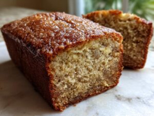 Close-up of a moist slice of the best banana bread showing a rich, dark brown glazed top and tender crumb.