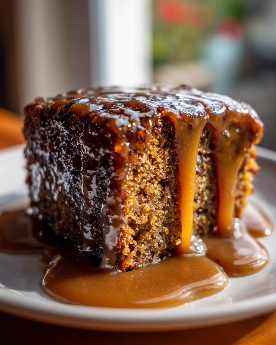 Close-up of a square slice of moist sticky toffee pudding recipe drenched in rich toffee sauce.