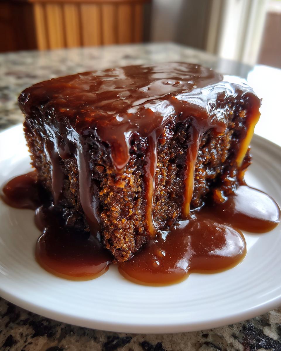 Close-up of a square slice of moist sticky toffee pudding recipe drenched in rich toffee sauce.