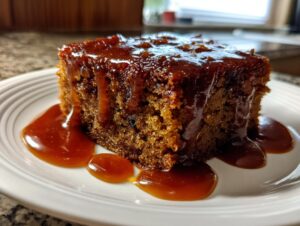 A close-up of a moist slice of sticky toffee pudding recipe covered in rich, dripping toffee sauce.