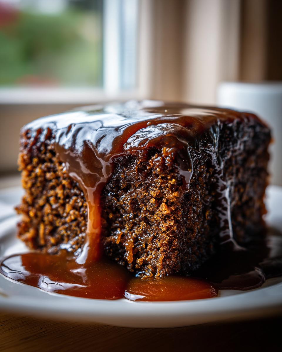 Close-up of a rich, moist square of sticky toffee pudding recipe drenched in warm toffee sauce.