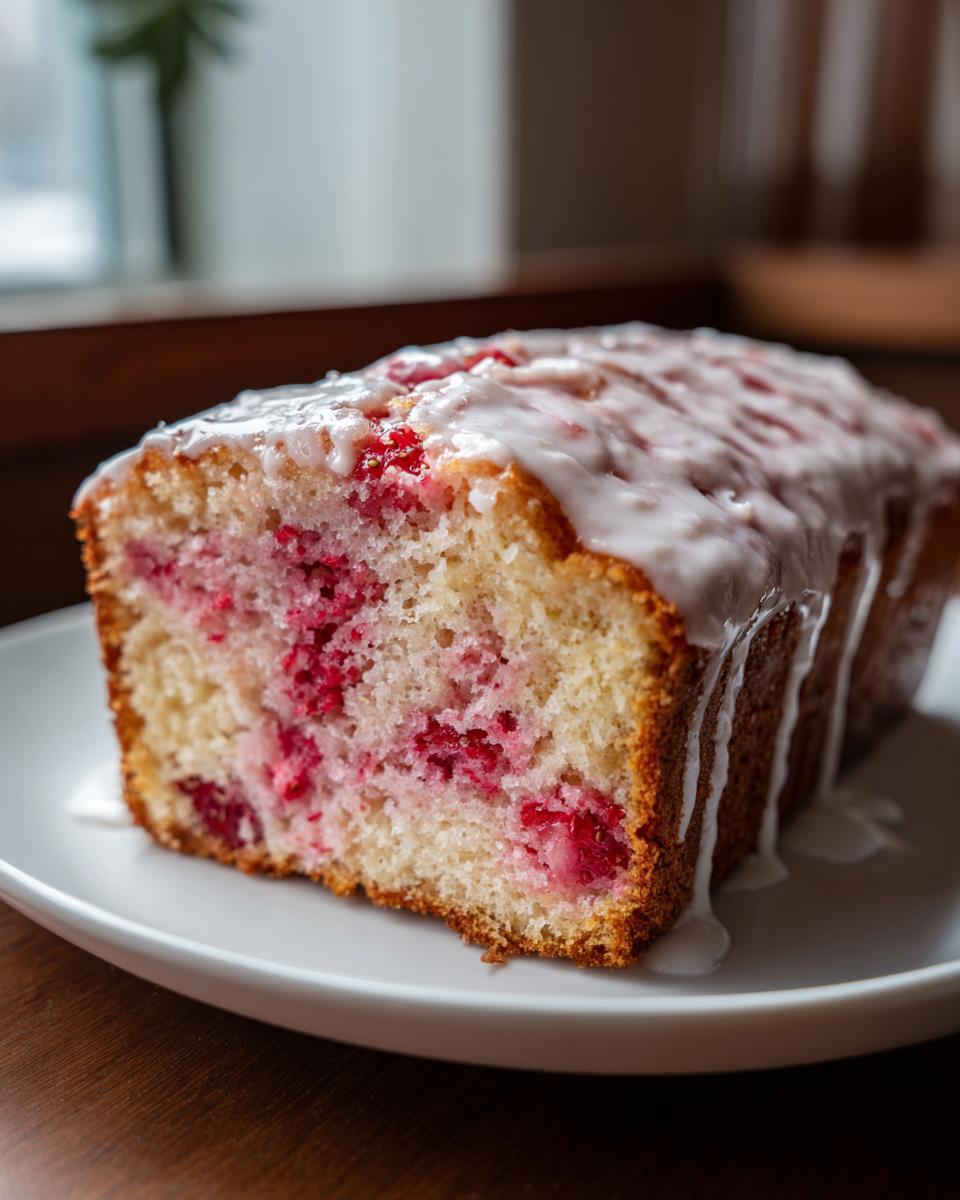 A close-up of a moist strawberry bread loaf topped with a thick white glaze, showing bright red fruit throughout the crumb.
