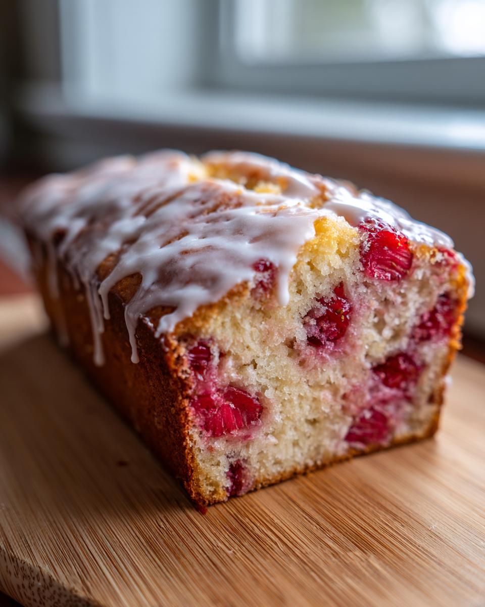 Close-up of a moist strawberry bread loaf, studded with bright red fruit and topped with a white vanilla glaze.