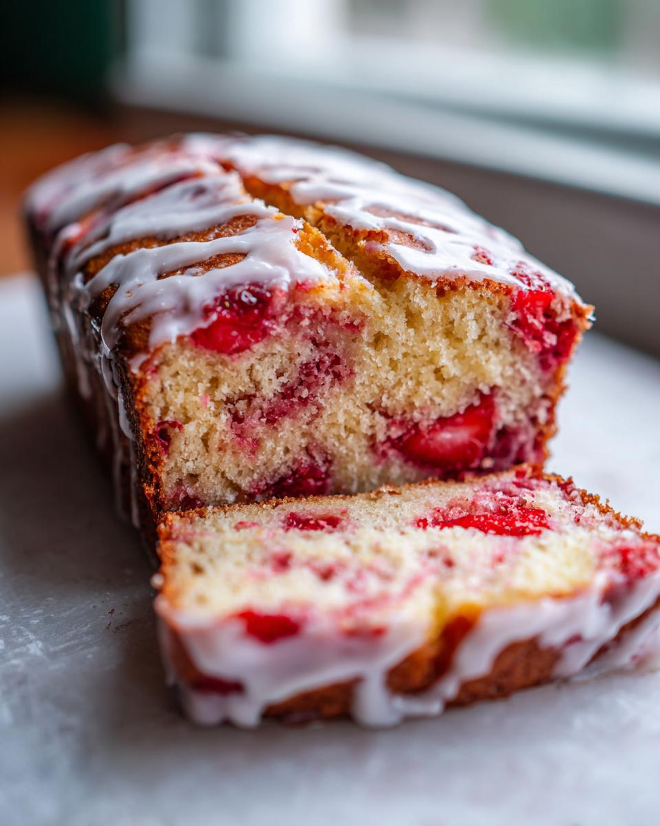 A moist loaf of strawberry bread, sliced to show the fruit inside, drizzled with white vanilla glaze.