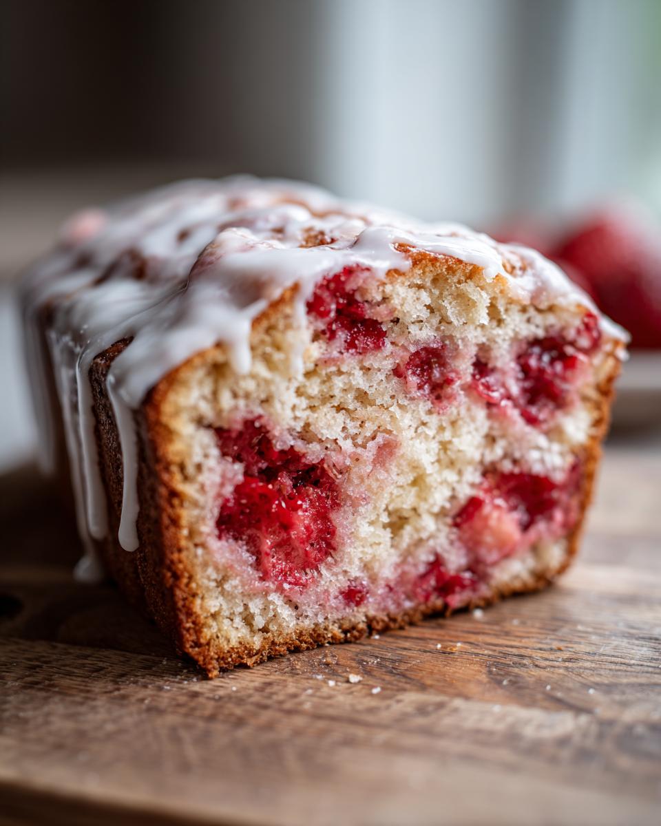 Close-up of a moist slice of homemade strawberry bread, packed with red berries and topped with a white glaze.
