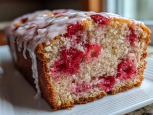 Close-up of a moist slice of strawberry bread, featuring bright red fruit baked inside and drizzled with white glaze.