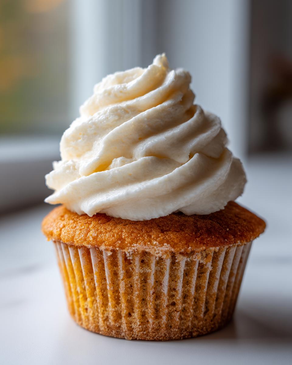 Close-up of a single, perfectly baked vanilla cupcake topped with a tall swirl of white vanilla buttercream frosting.