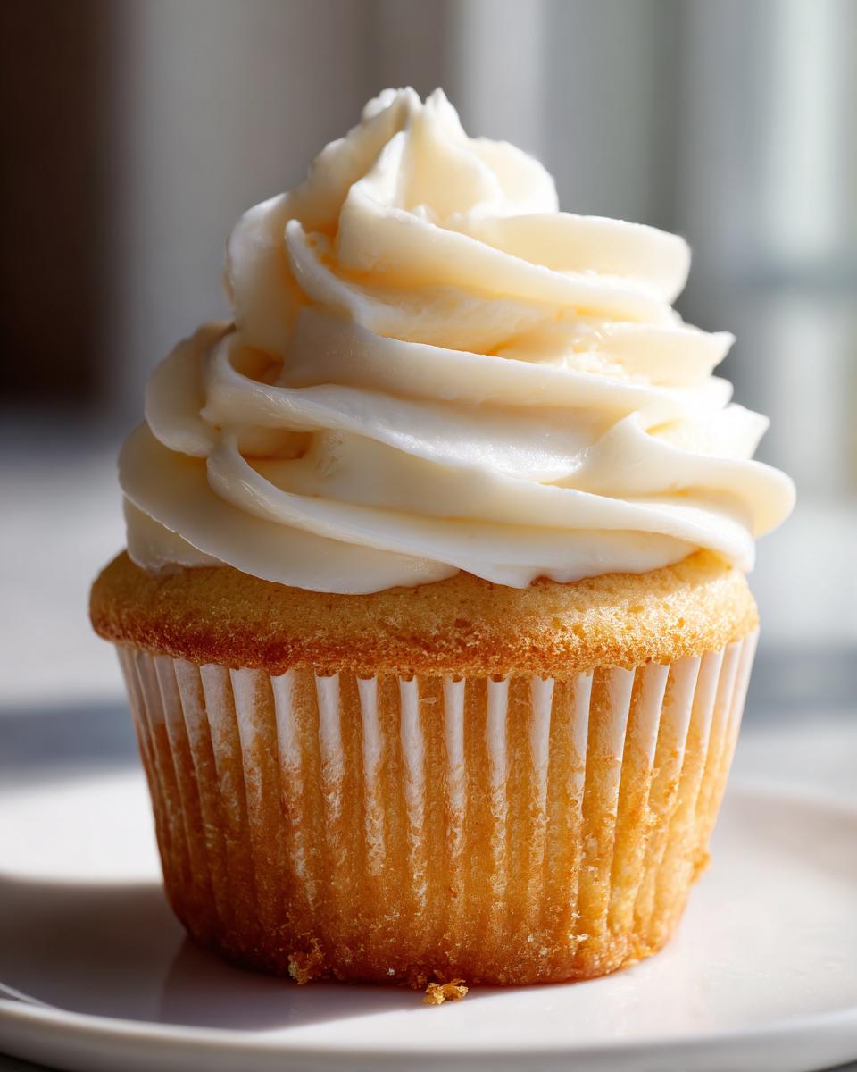 Close-up of a single, moist vanilla cupcake topped with a tall swirl of creamy white vanilla frosting.