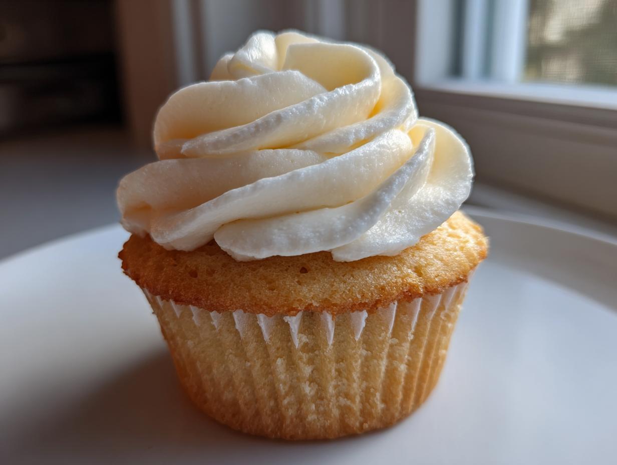 A single, moist vanilla cupcakes topped with a tall swirl of creamy white vanilla frosting.