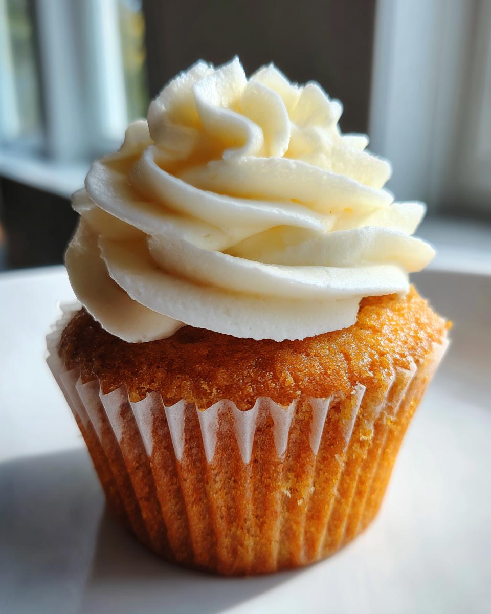 Close-up of a single, moist vanilla cupcakes topped with a perfect swirl of creamy white vanilla buttercream frosting.