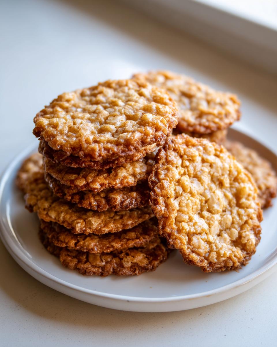 A close-up stack of golden brown, lacy oatmeal lace cookies piled high on a simple white plate.