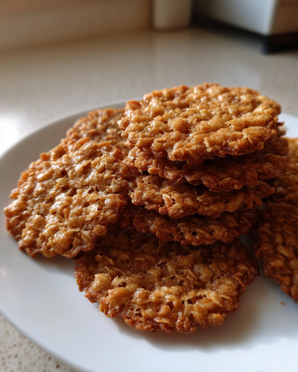 A close-up stack of golden brown, delicate oatmeal lace cookies resting on a white plate.