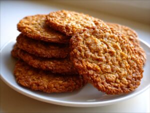 Close-up of a stack of crispy, golden brown oatmeal lace cookies piled on a small white plate.