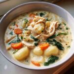 A close-up bowl of creamy olive garden chicken gnocchi soup featuring tender gnocchi, shredded chicken, carrots, and spinach.
