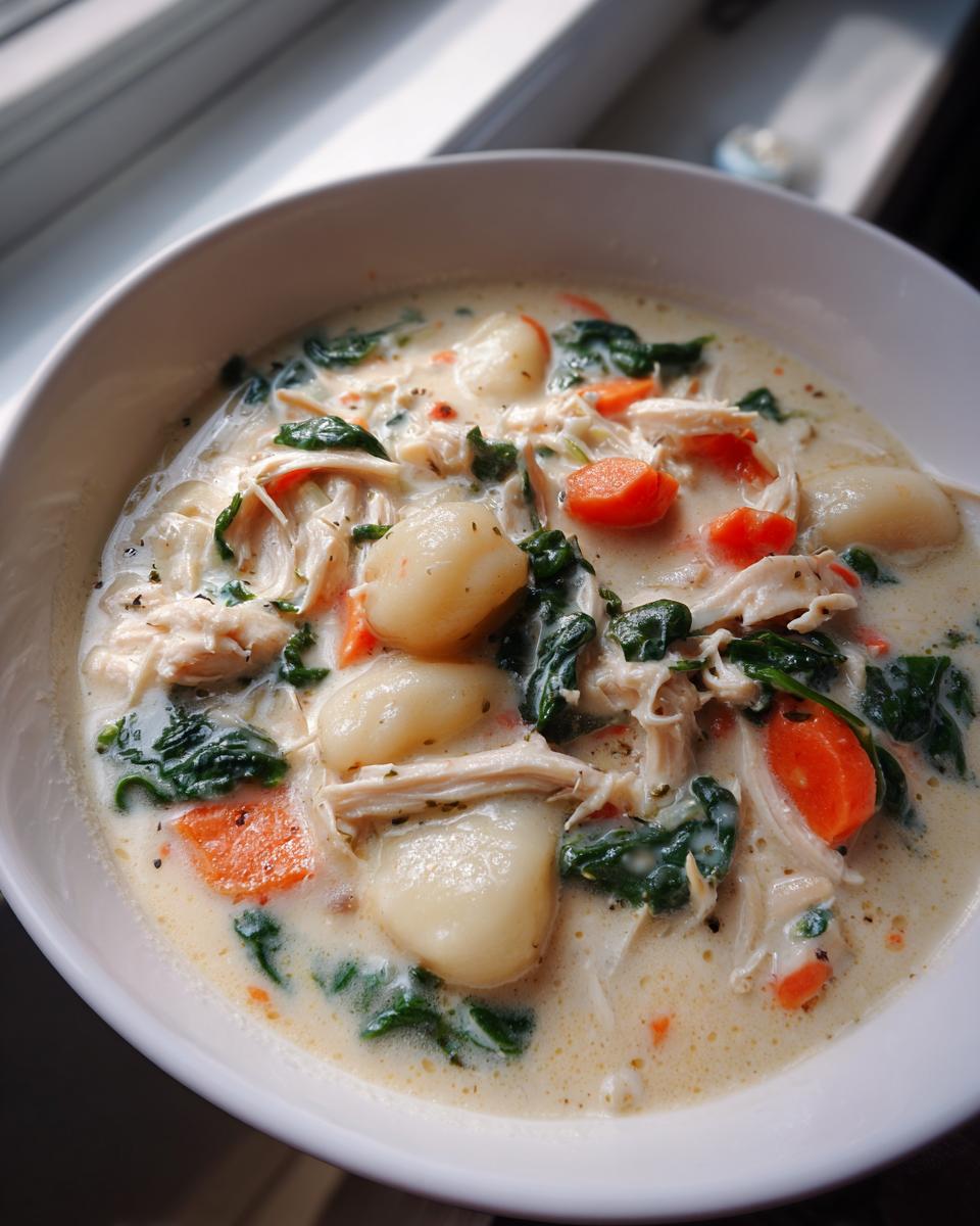 Close-up of a bowl of creamy olive garden chicken gnocchi soup with visible gnocchi, shredded chicken, spinach, and carrots.