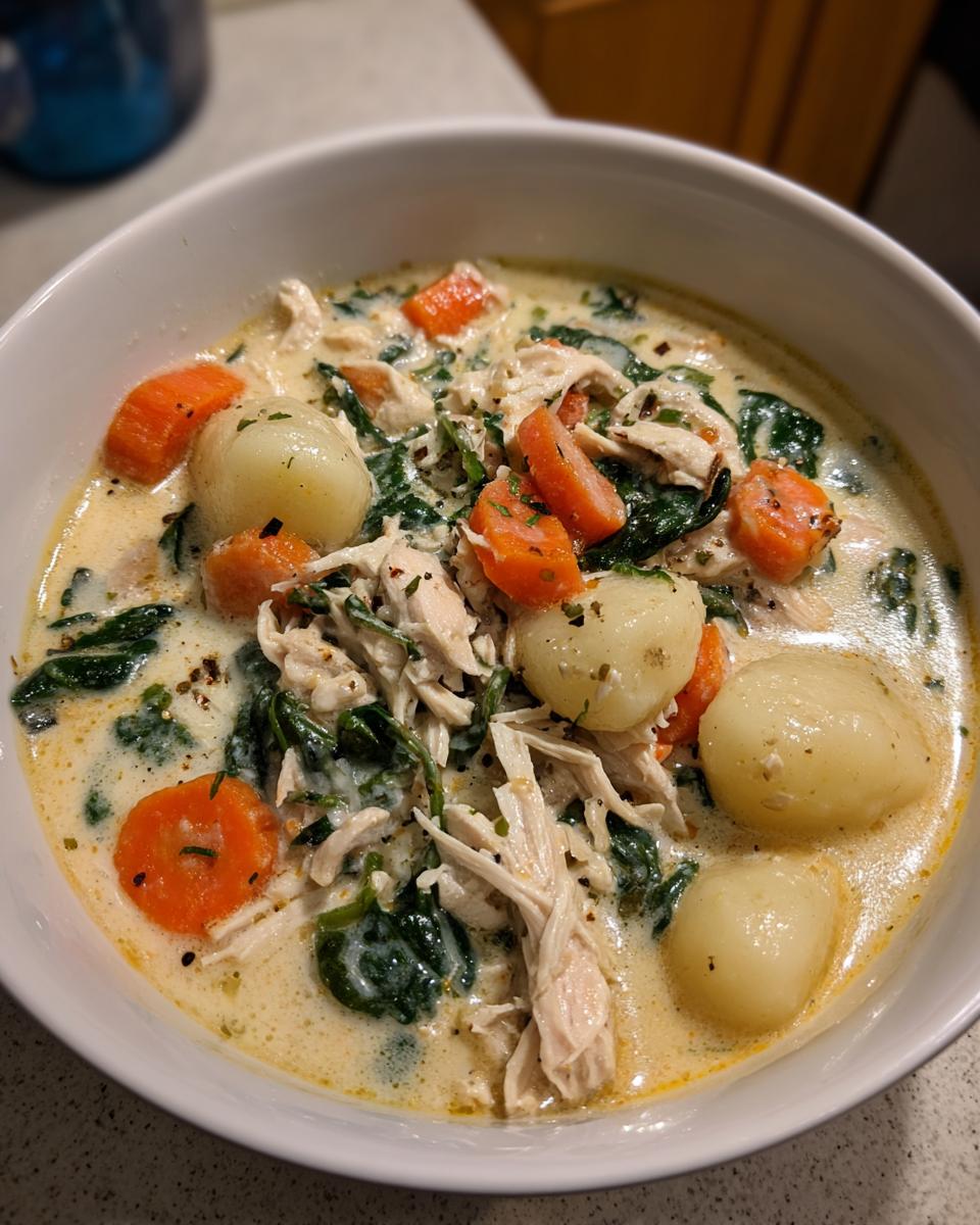 Close-up of a white bowl filled with creamy olive garden chicken gnocchi soup, featuring shredded chicken, carrots, spinach, and potato gnocchi.