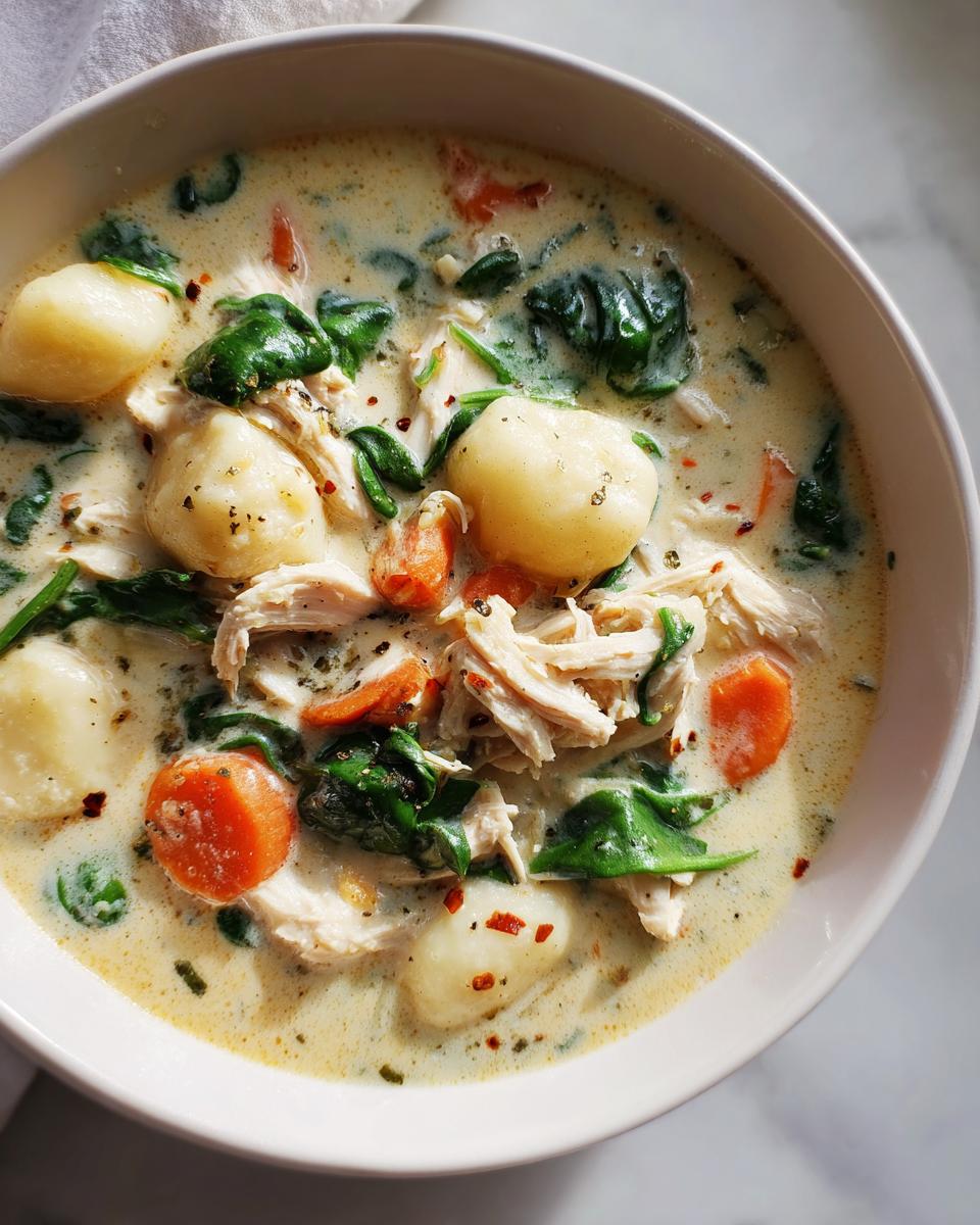 Close-up of a bowl of creamy olive garden chicken gnocchi soup with visible shredded chicken, potato gnocchi, carrots, and spinach.