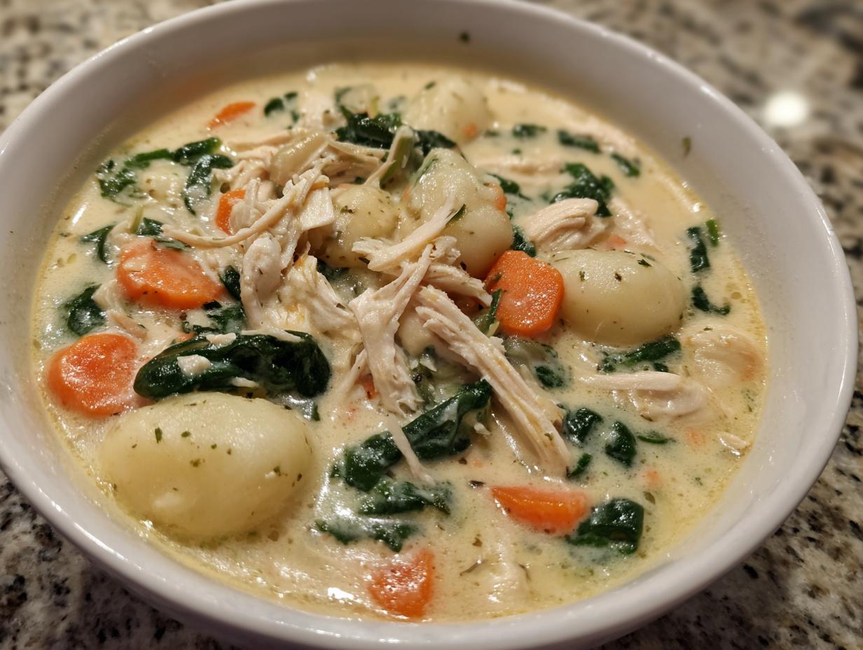 Close-up of a bowl of creamy Olive Garden Chicken Gnocchi Soup featuring shredded chicken, spinach, carrots, and potato gnocchi.
