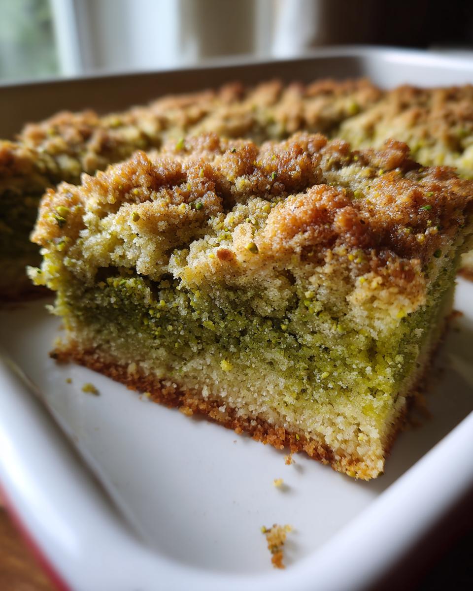 Close-up of a moist slice of pistachio coffee cake showing the green interior and golden crumb topping.