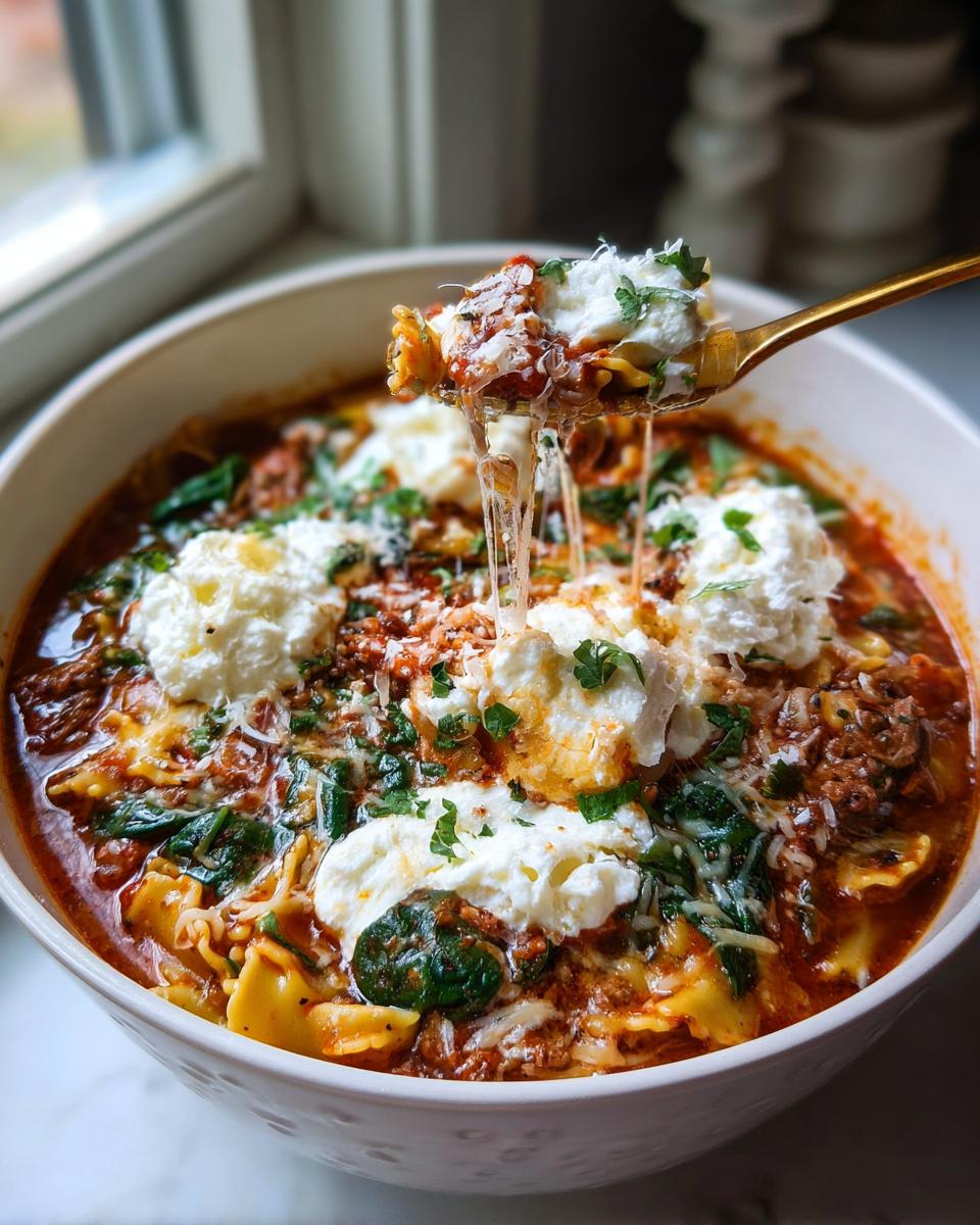A golden spoon lifting a cheesy, saucy bite from a bowl of one pot lasagna soup topped with ricotta.