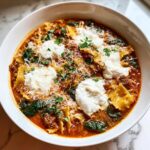 Close-up of a bowl of rich, red one pot lasagna soup topped with dollops of ricotta, parmesan, and fresh parsley.