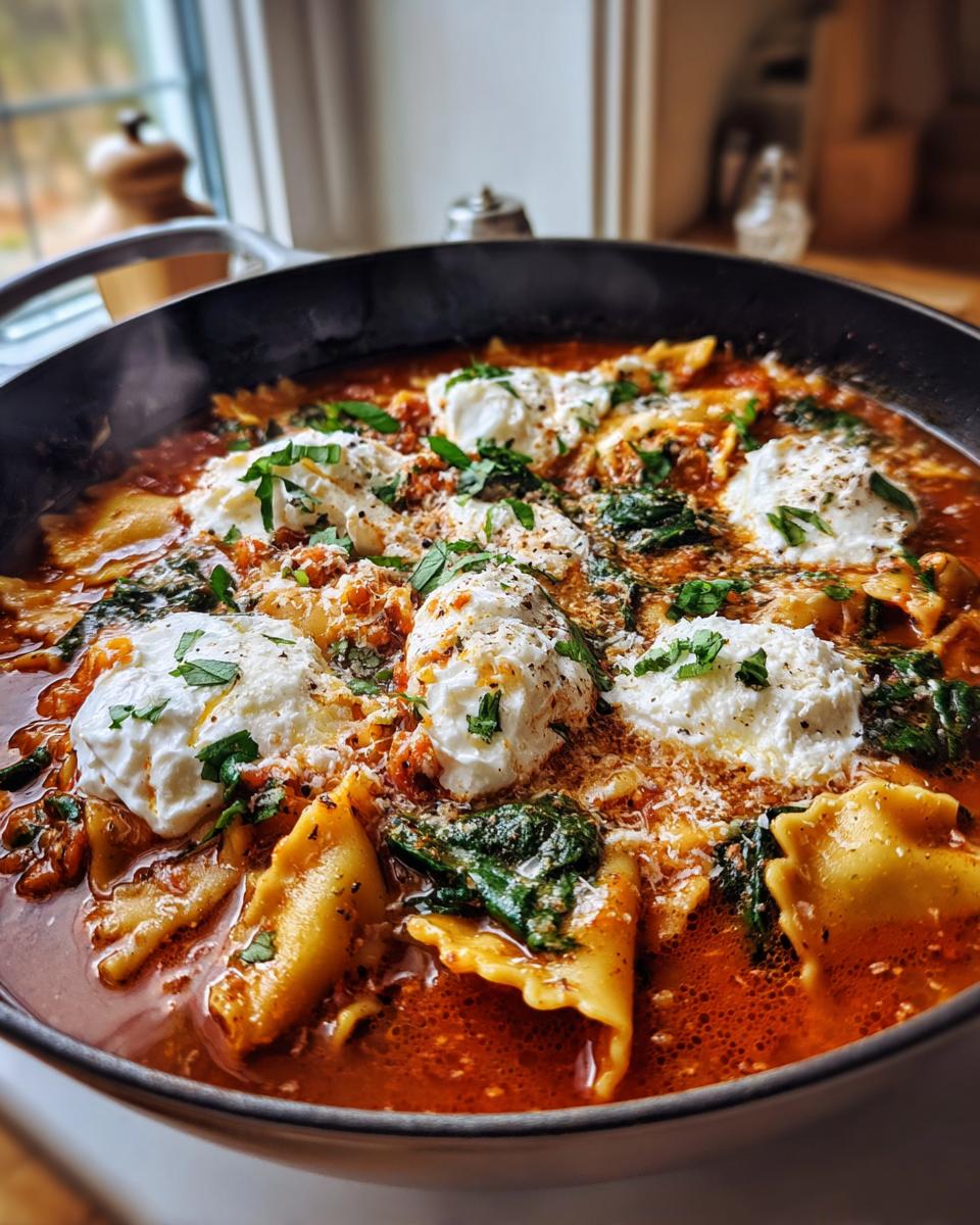 Close-up of steaming one pot lasagna soup featuring pasta, rich tomato broth, spinach, and large dollops of ricotta cheese.