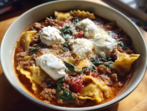 Close-up of a steaming bowl of one pot lasagna soup featuring pasta, meat, spinach, and dollops of ricotta cheese.