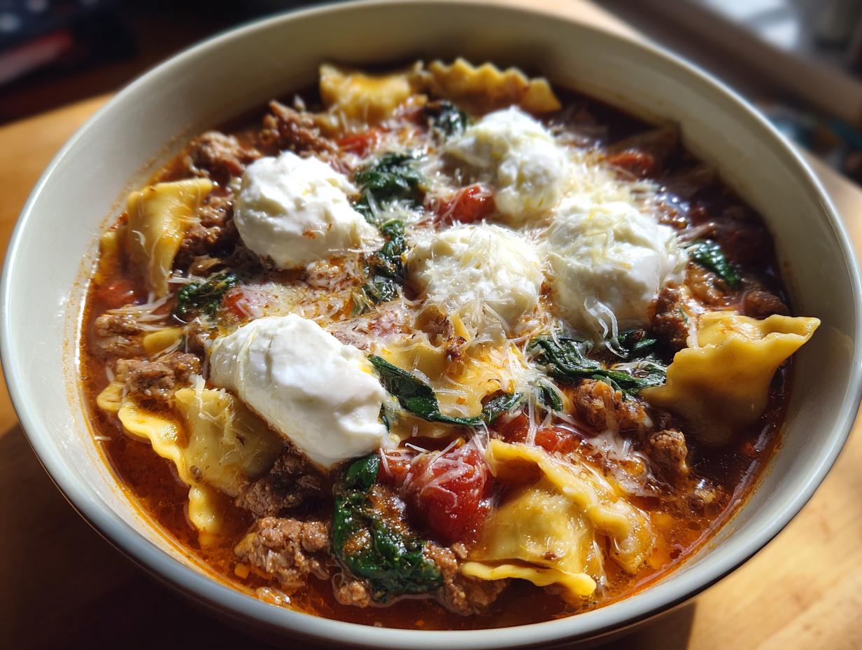 Close-up of a steaming bowl of one pot lasagna soup featuring pasta, meat, spinach, and dollops of ricotta cheese.