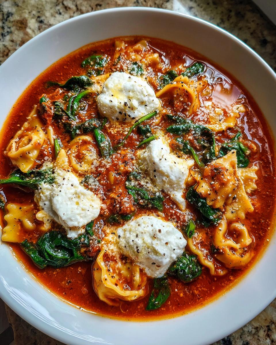 A hearty bowl of one pot lasagna soup featuring pasta, spinach, rich tomato sauce, and dollops of ricotta cheese.