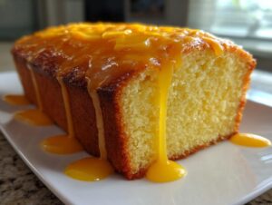 A loaf of moist orange juice cake with a thick, bright orange glaze dripping down the sides onto a white platter.