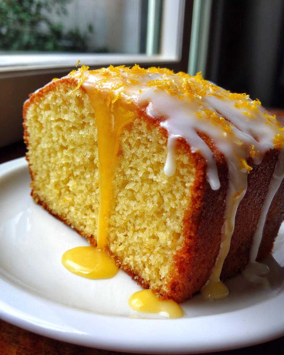 A moist slice of orange juice cake topped with white glaze, orange syrup, and bright orange zest.