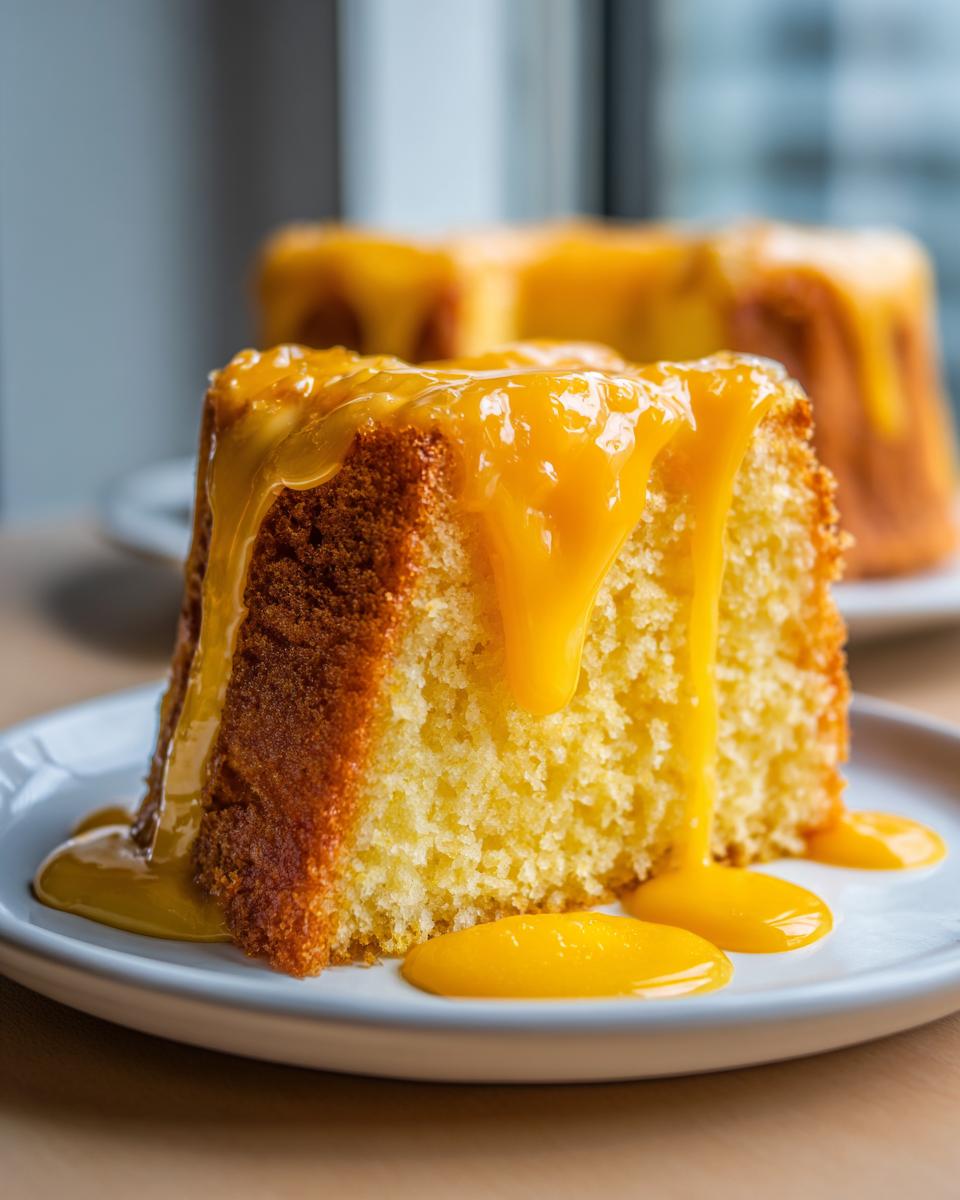 A moist slice of orange juice cake topped with a thick, dripping orange glaze on a white plate.
